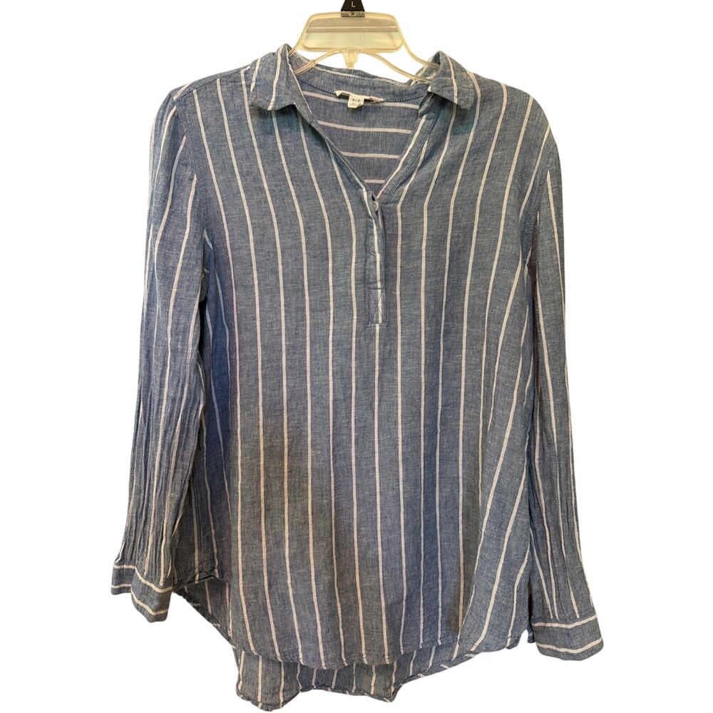 Beach Lunch Lounge Blouse Blue White Stripe Linen Cotton Coastal Grandmother